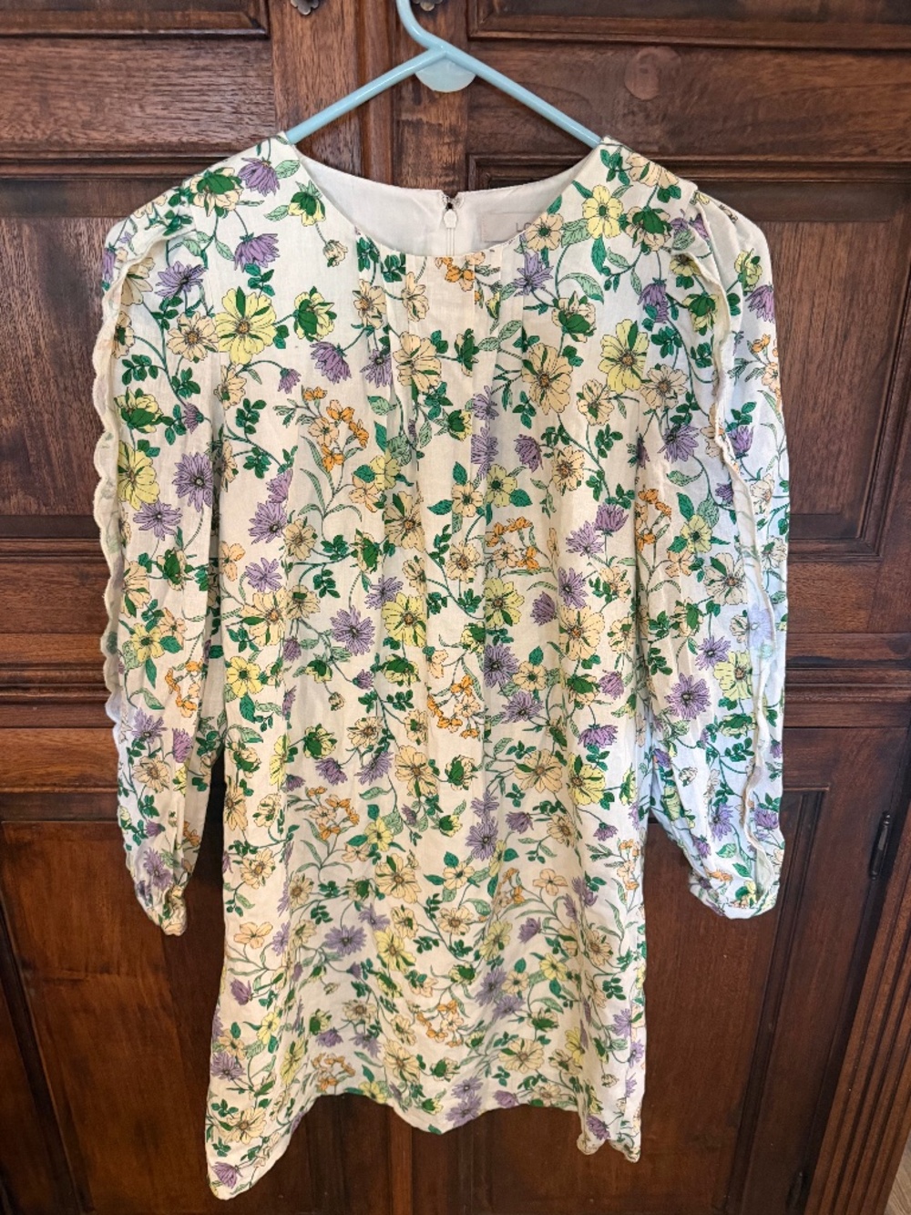 LOFT White Floral Shift Dress Linen Woven Zip 3/4 Sleeve Round Neck 2